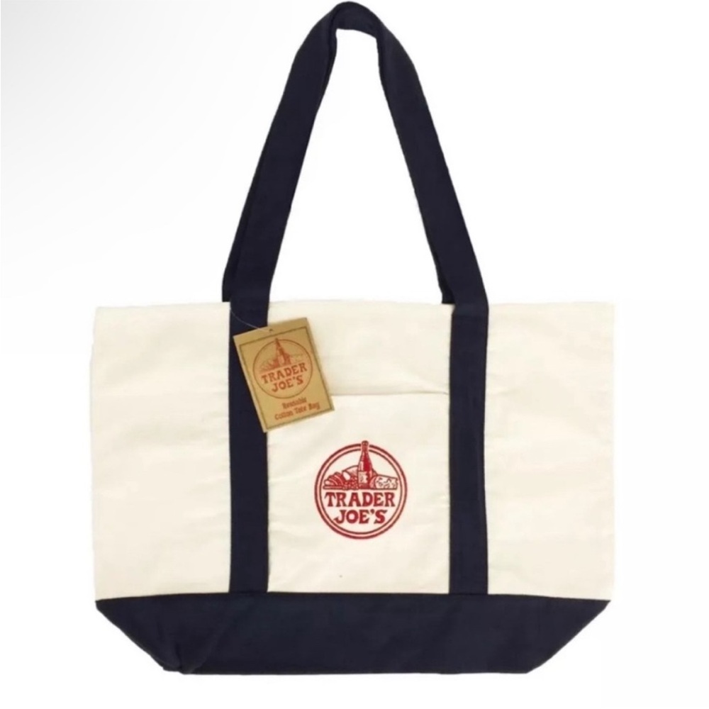 Trader Joe’s Large Shopping Tote NWT Dark Blue & Off White 21x12x7